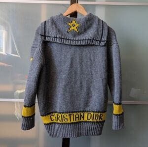 ✨🇫🇷Dior Gray Wool & Cashmere Hooded Button-Up Cardigan with Yellow Stripe - 6